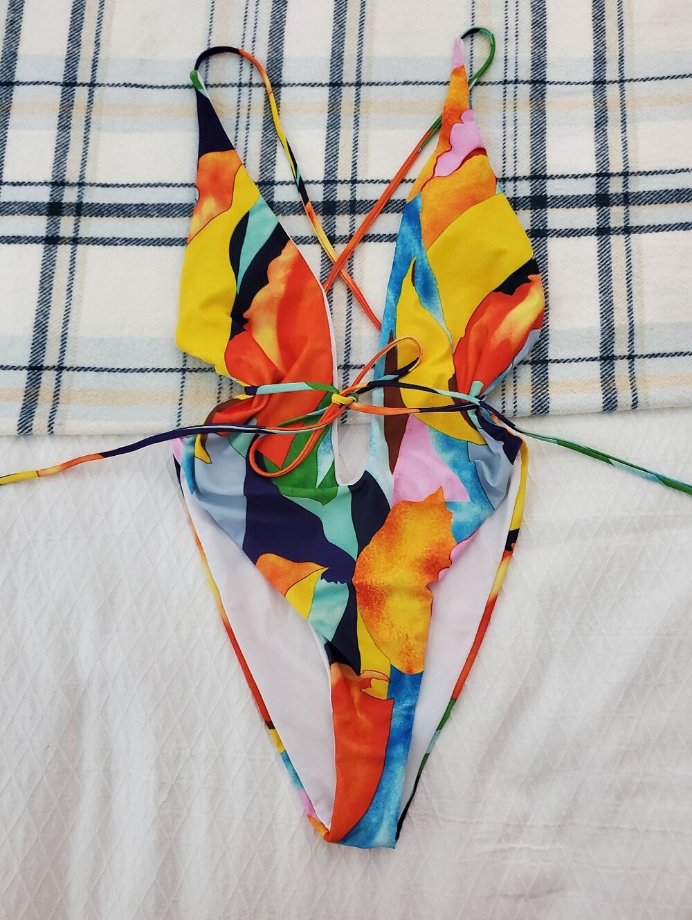 New Retro Print Sexy Plunge Strappy Criss Cross One Piece Swim Suit